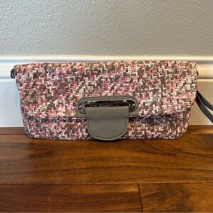 Pink and Grey Straw Clutch Purse with Crossbody Chain